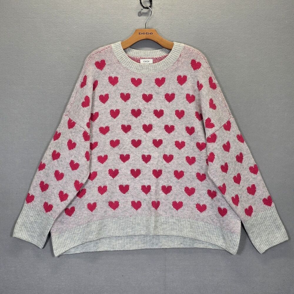 CeCe Oversized Crewneck Knit Pullover Sweater Hearts Pink/Grey Size XL
